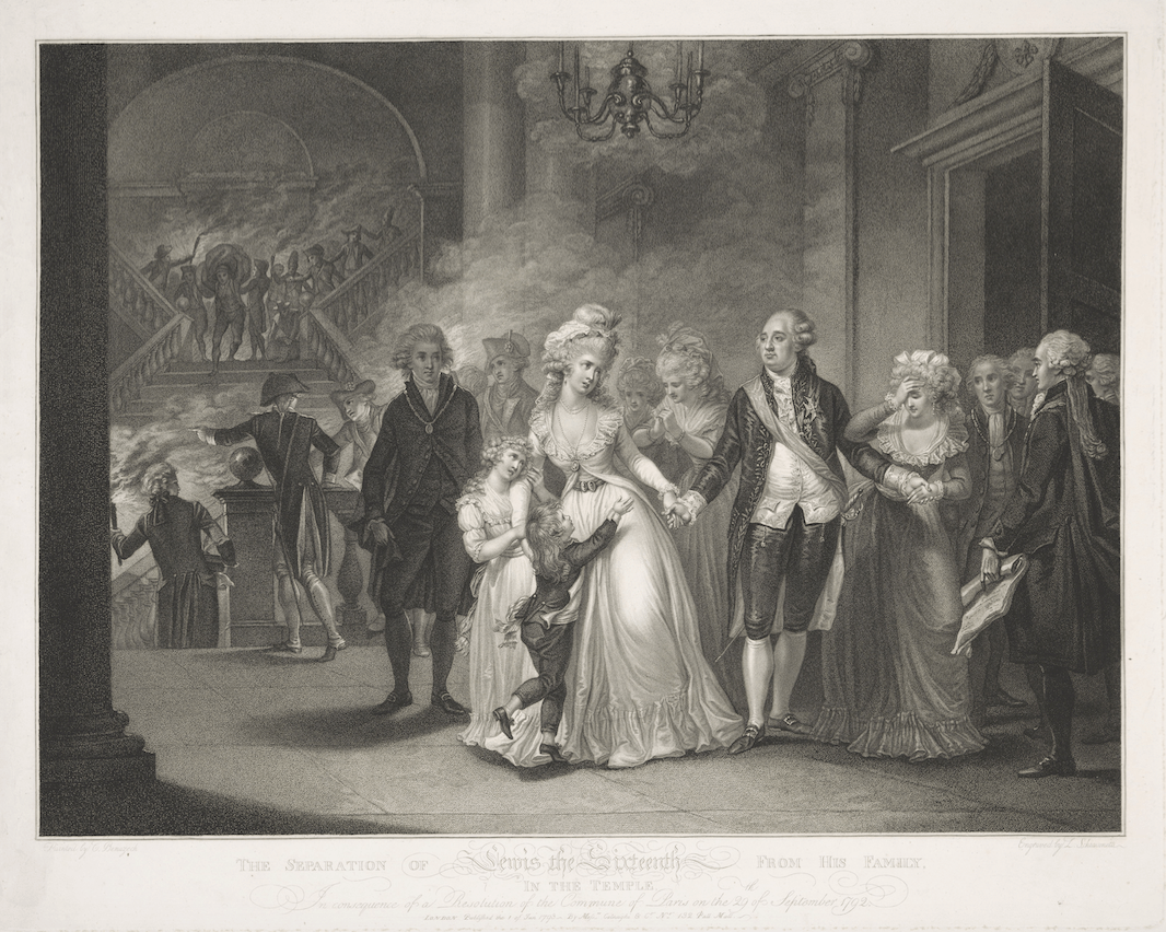 Prent met zicht in het paleis waar Koning Lodewijk XVI afscheid neemt van Marie Antoinette en zijn kinderen Kennisbank Zilver.nl